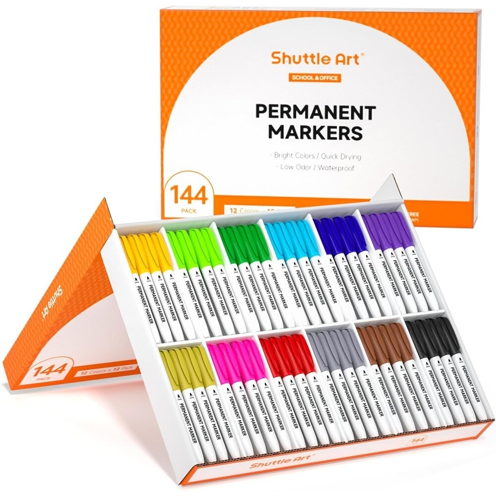 Shuttle Art 144 Pack Permanent Markers, 12 Bright Colors Fine Point Permanent